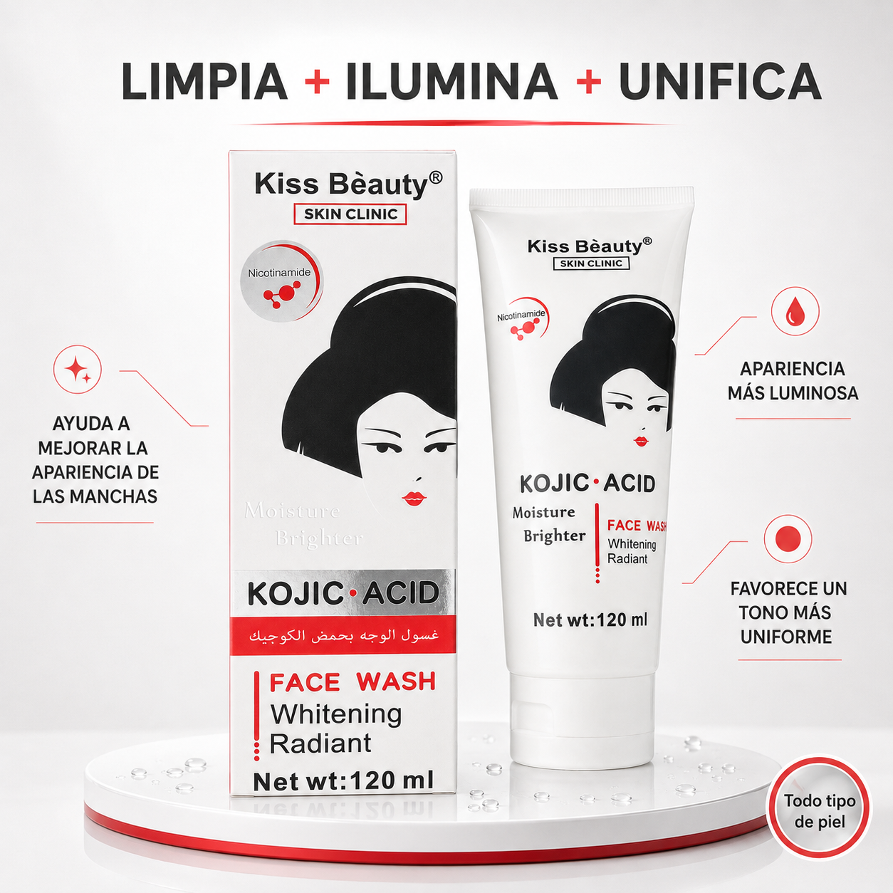Kiss Beauty – Limpiador Facial con Ácido Kójico para un Tono Uniforme 120 ml