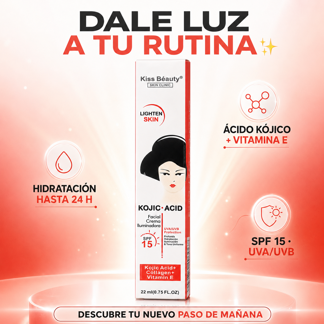 Kiss Beauty – Crema Facial Iluminadora SPF 15 para Todo Tipo de Piel 22 ml