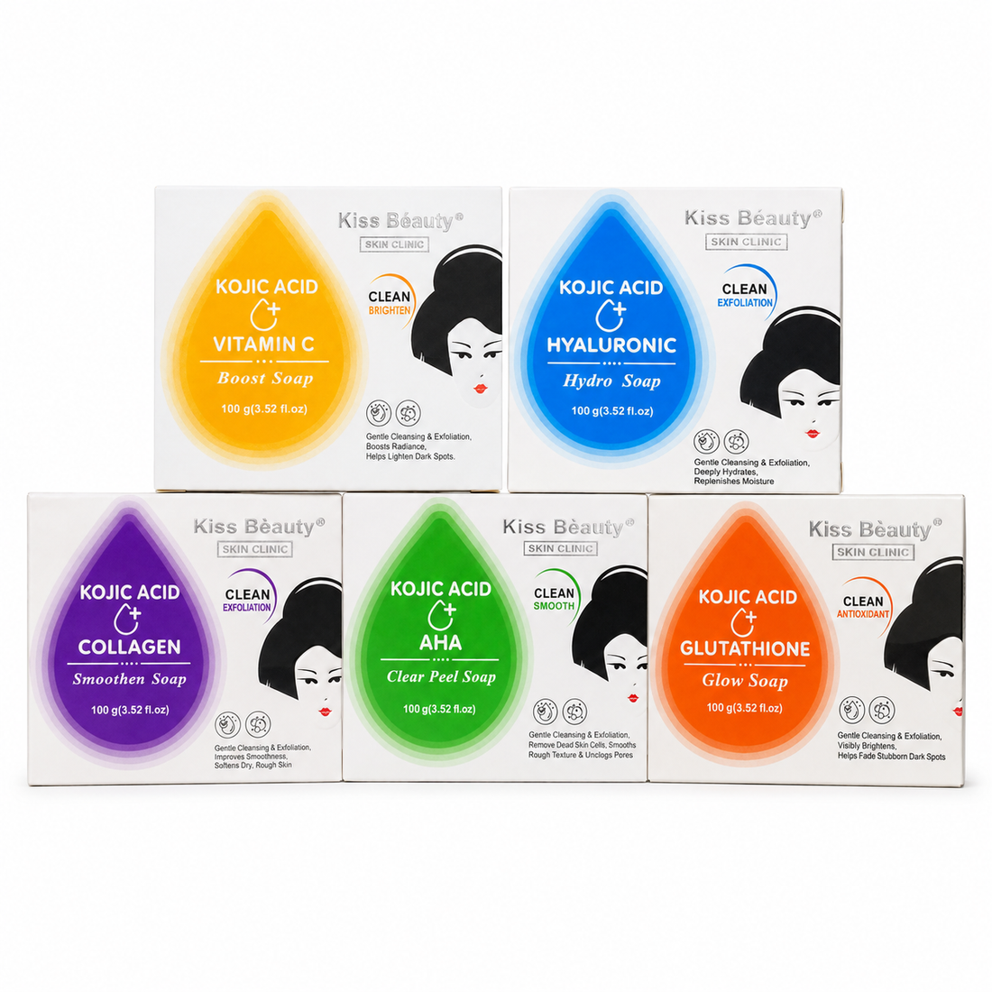 Kiss Beauty – Jabones Faciales con Ácido Kójico 5 Variantes 100