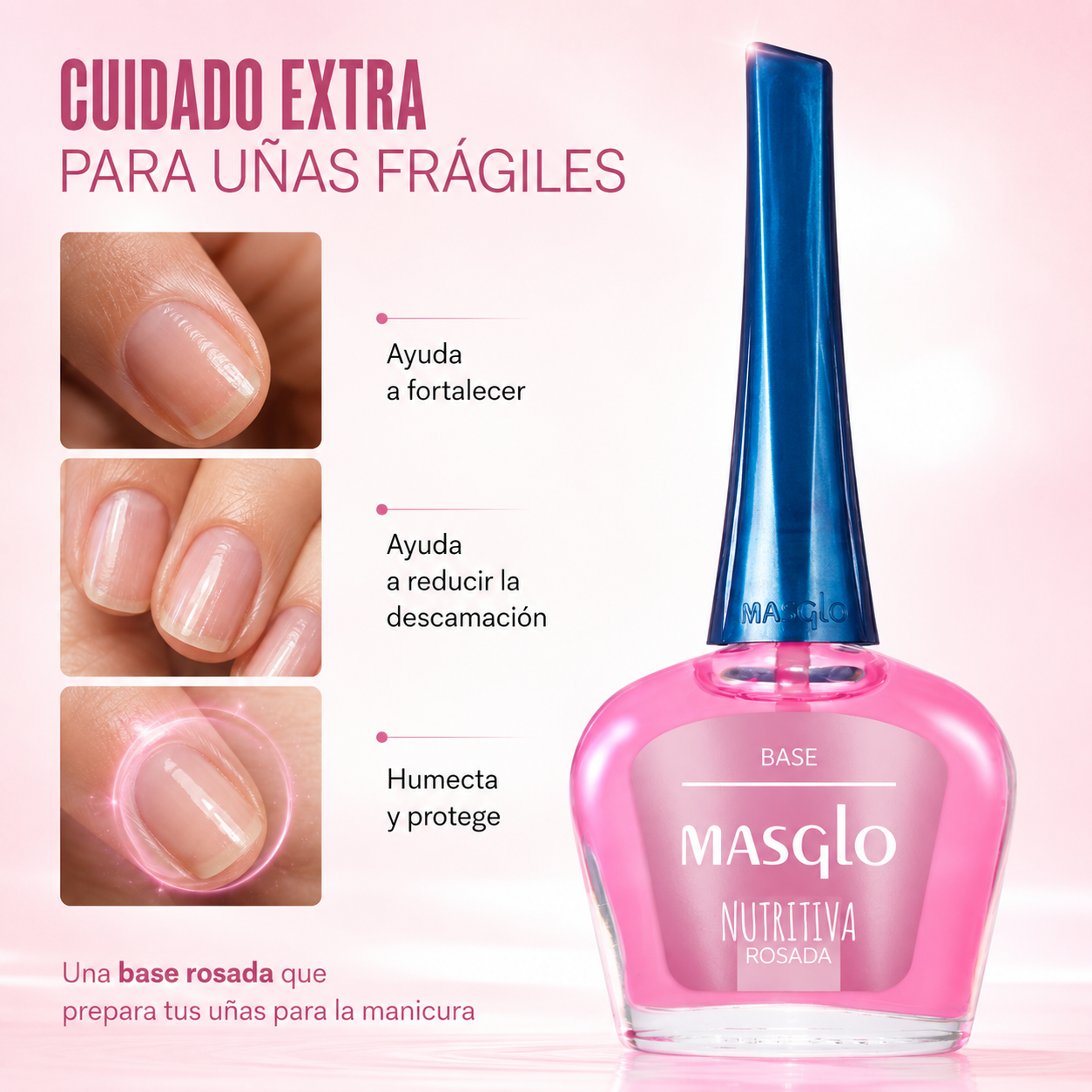 Masglo – Base para uñas frágiles nutritiva rosada 13,5 ml