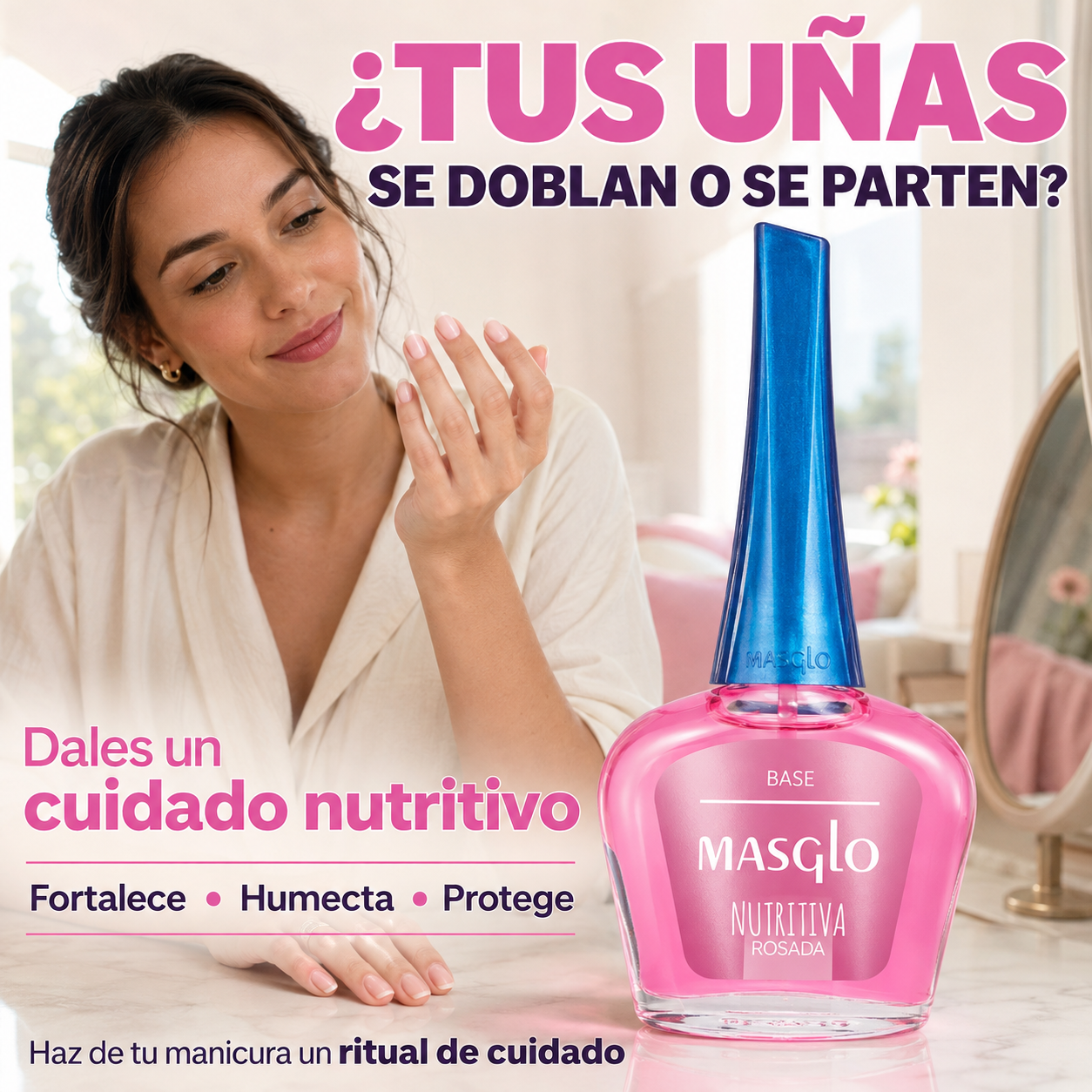 Masglo – Base para uñas frágiles nutritiva rosada 13,5 ml