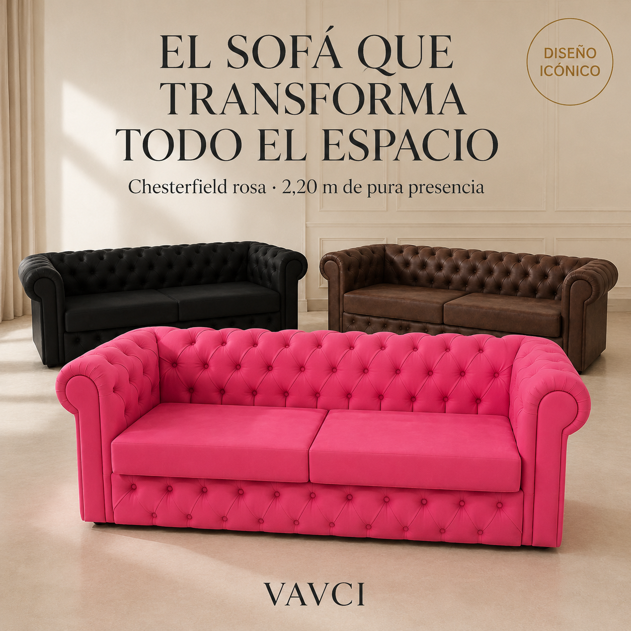 VAVCI – Sofá Chesterfield Rosa de Piel Sintética 2,20 m