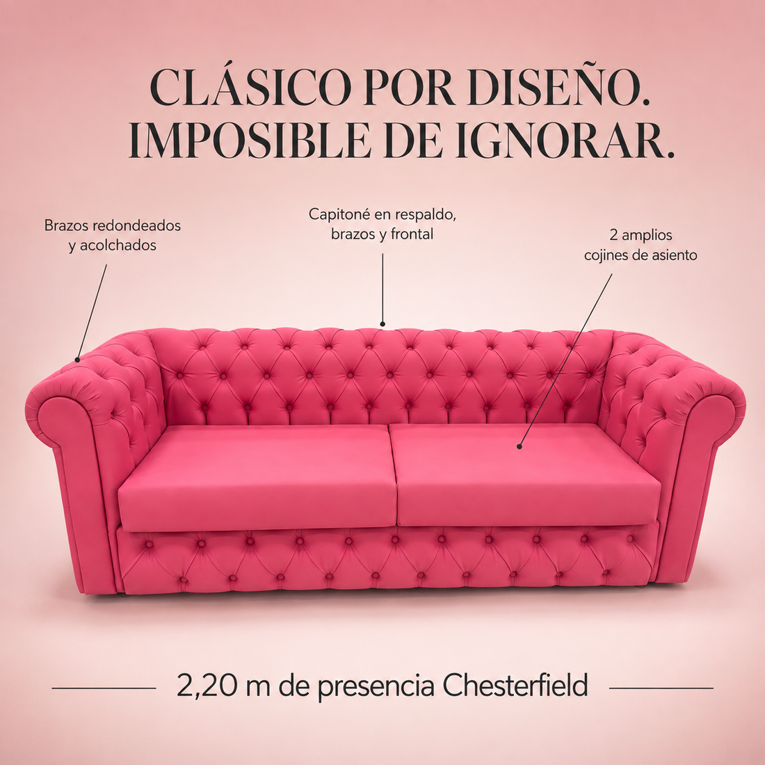 VAVCI – Sofá Chesterfield Rosa de Piel Sintética 2,20 m
