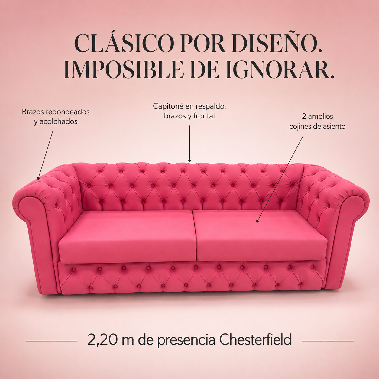 VAVCI – Sofá Chesterfield Rosa de Piel Sintética 2,20 m