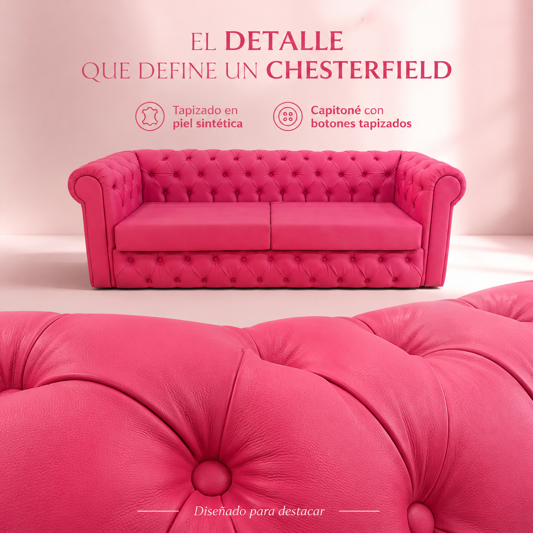 VAVCI – Sofá Chesterfield Rosa de Piel Sintética 2,20 m