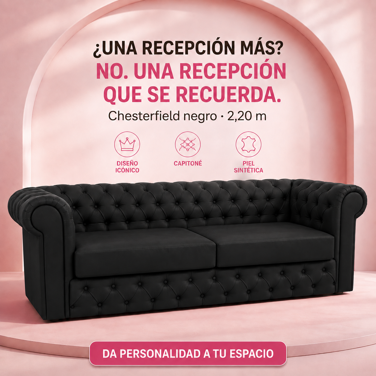 VAVCI – Sofá Chesterfield Rosa de Piel Sintética 2,20 m