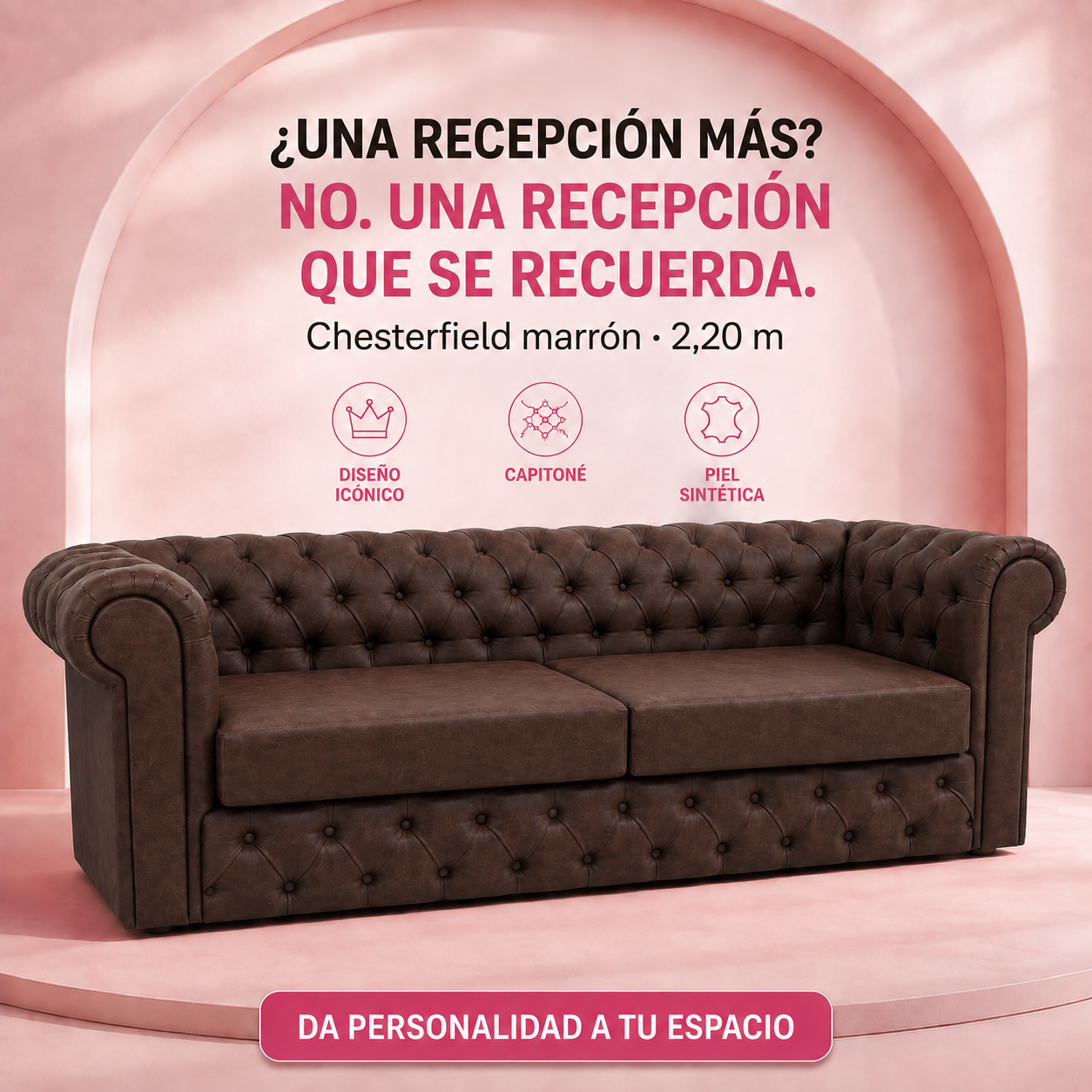 VAVCI – Sofá Chesterfield Rosa de Piel Sintética 2,20 m