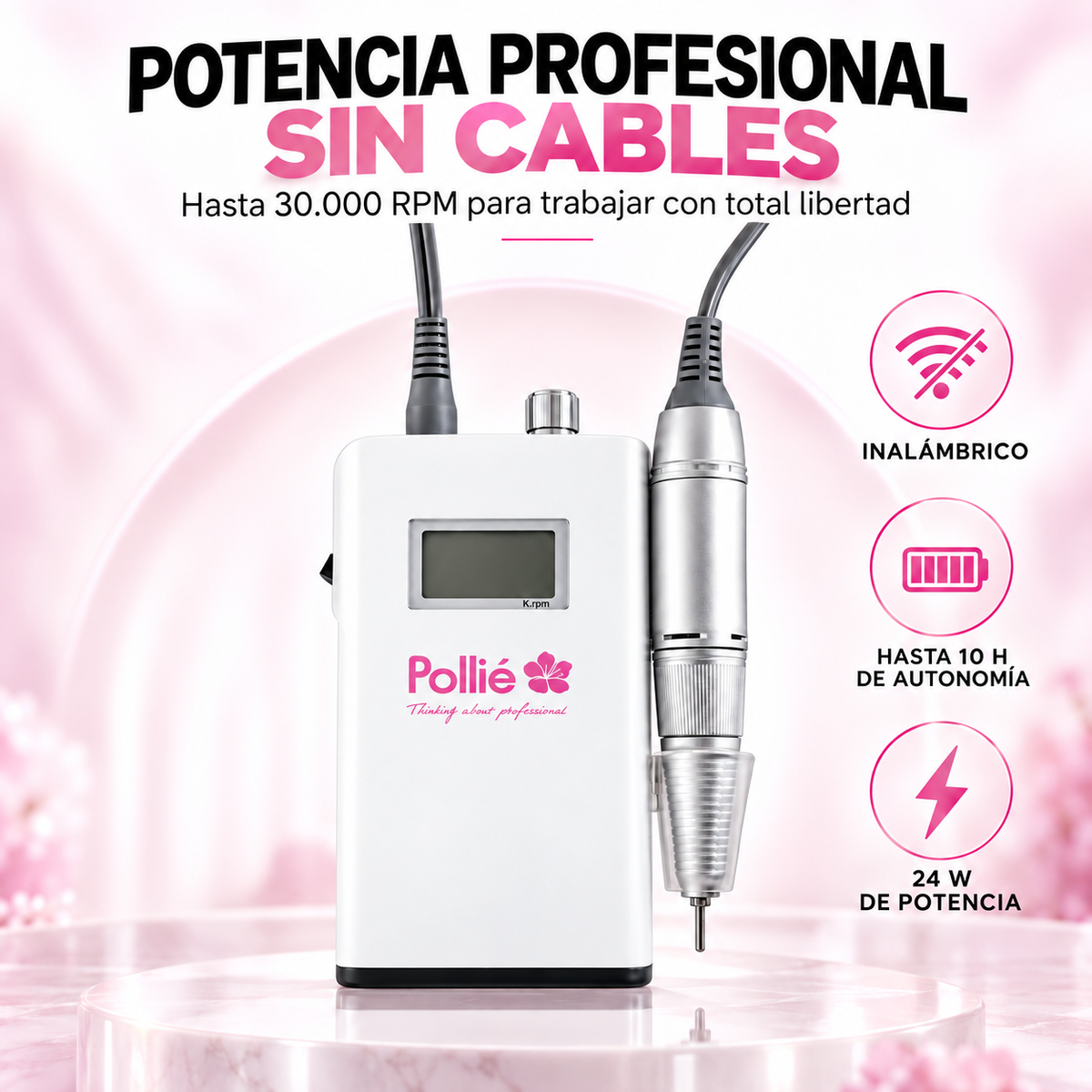 Pollié – Torno para Uñas Profesional Inalámbrico 30.000 RPM con 12 Accesorios