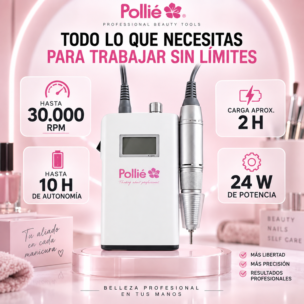 Pollié – Torno para Uñas Profesional Inalámbrico 30.000 RPM con 12 Accesorios