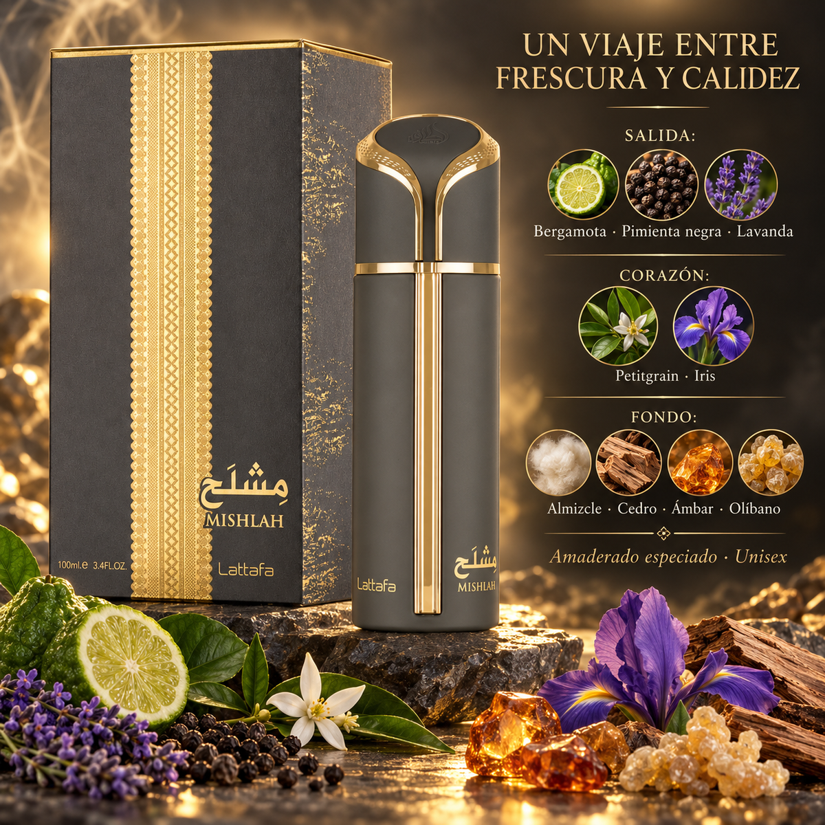 Lattafa – Perfume Unisex Amaderado Especiado Mishlah 100 ml