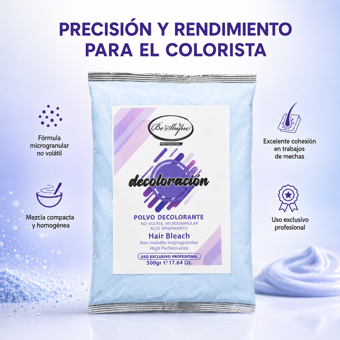 Be’Shyne – Polvo Decolorante Profesional para Aclarar el Cabello 500 g