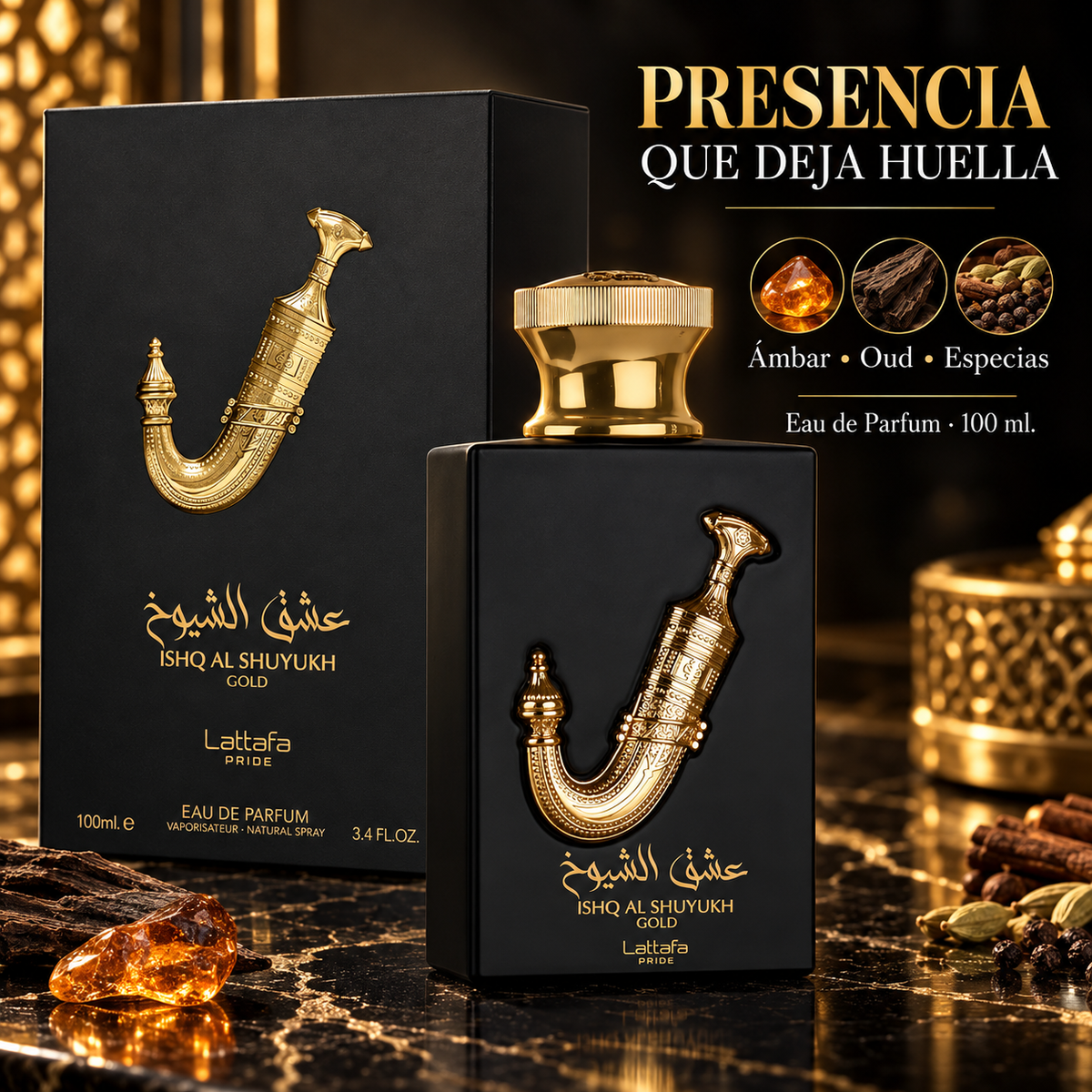 Lattafa Pride – Perfume oriental para hombre Ishq Al Shuyukh Gold 100 ml