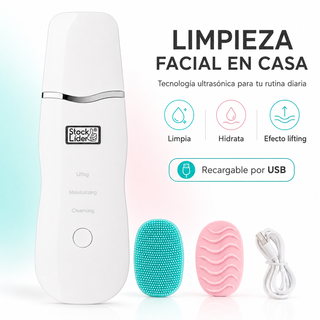 Stock Líder – Limpiador Facial Ultrasónico 3 Modos con Carga USB