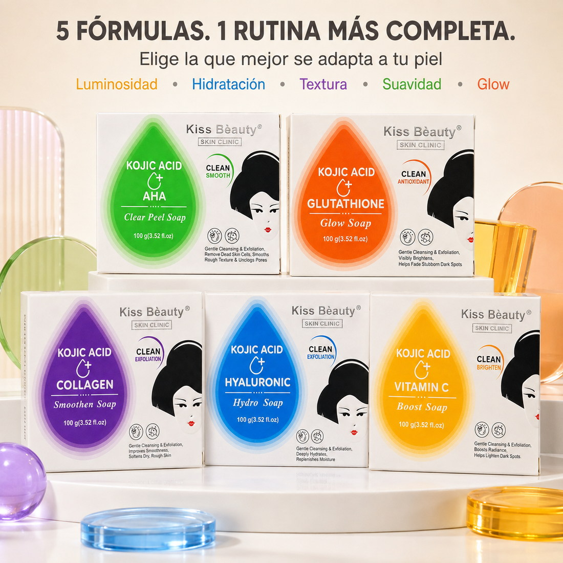 Kiss Beauty – Jabones Faciales con Ácido Kójico 5 Variantes 100