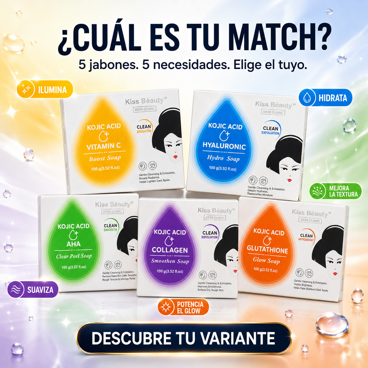 Kiss Beauty – Jabones Faciales con Ácido Kójico 5 Variantes 100