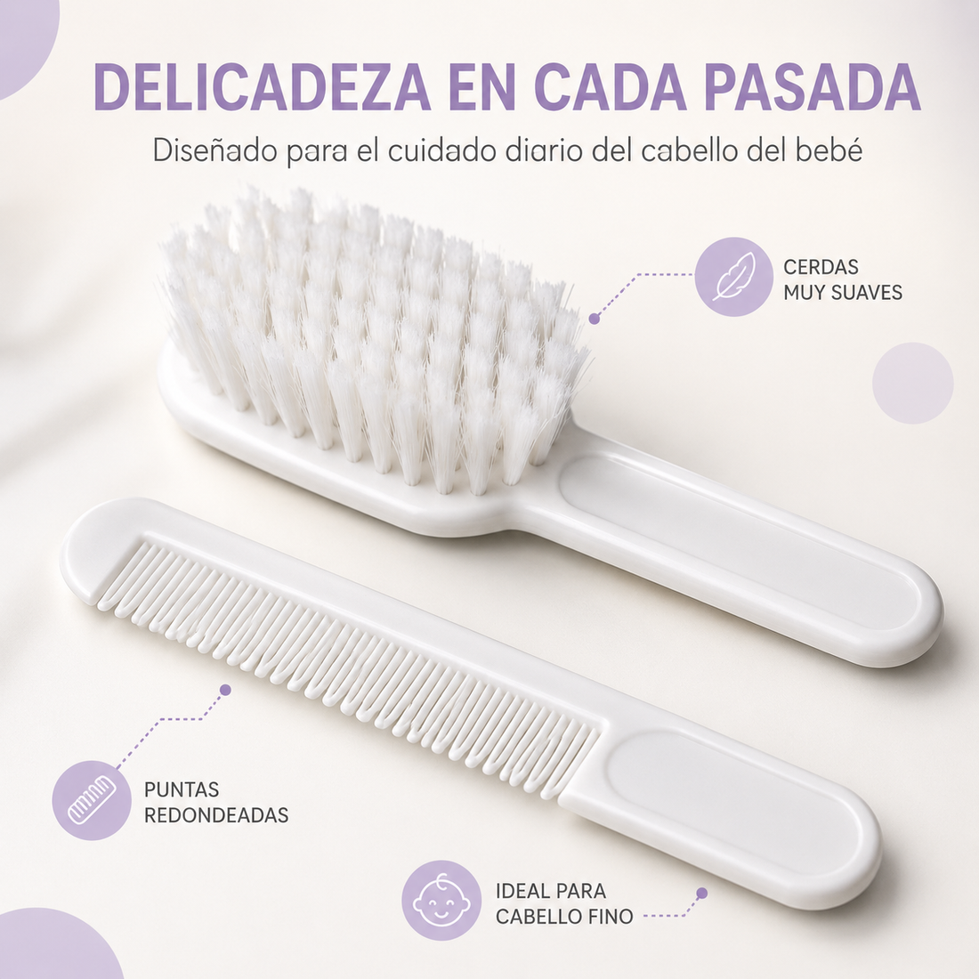 Eurostil – Cepillo y Peine para Bebé de Cerdas Suaves Blanco