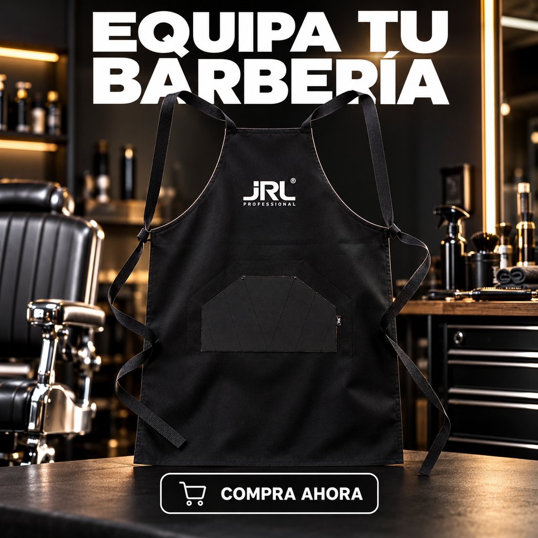 JRL Professional – Delantal de Barbero Negro con Bolsillo y Correas Ajustables