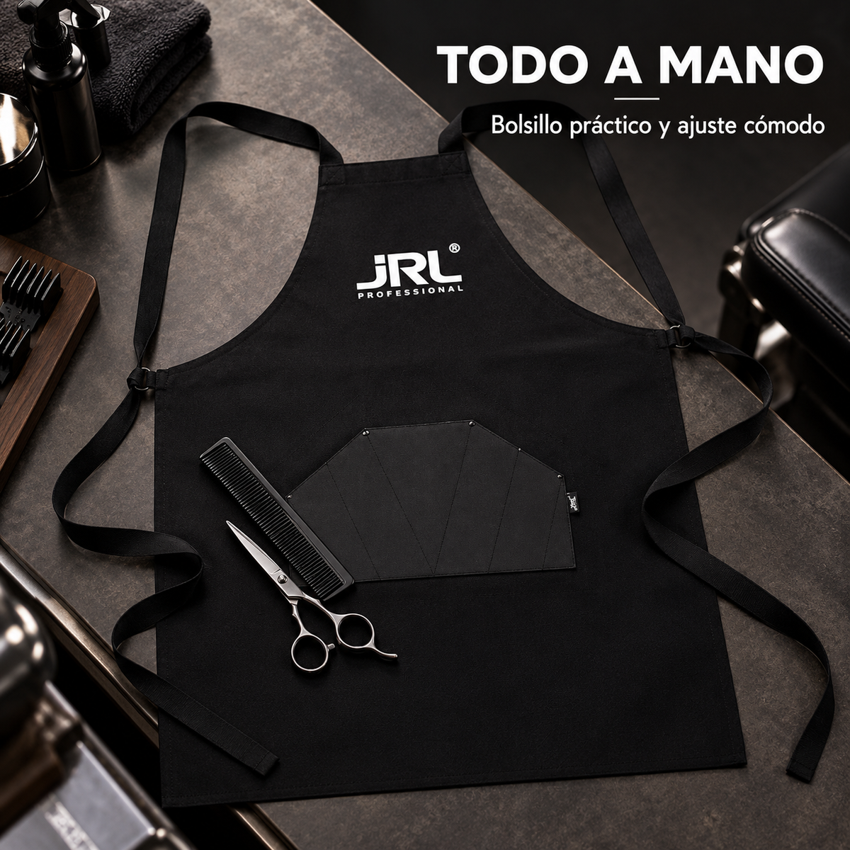 JRL Professional – Delantal de Barbero Negro con Bolsillo y Correas Ajustables