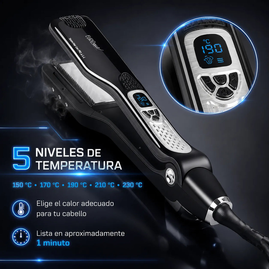 Eurostil – Plancha de Vapor para el Pelo Profesional Negra Mod. 07820