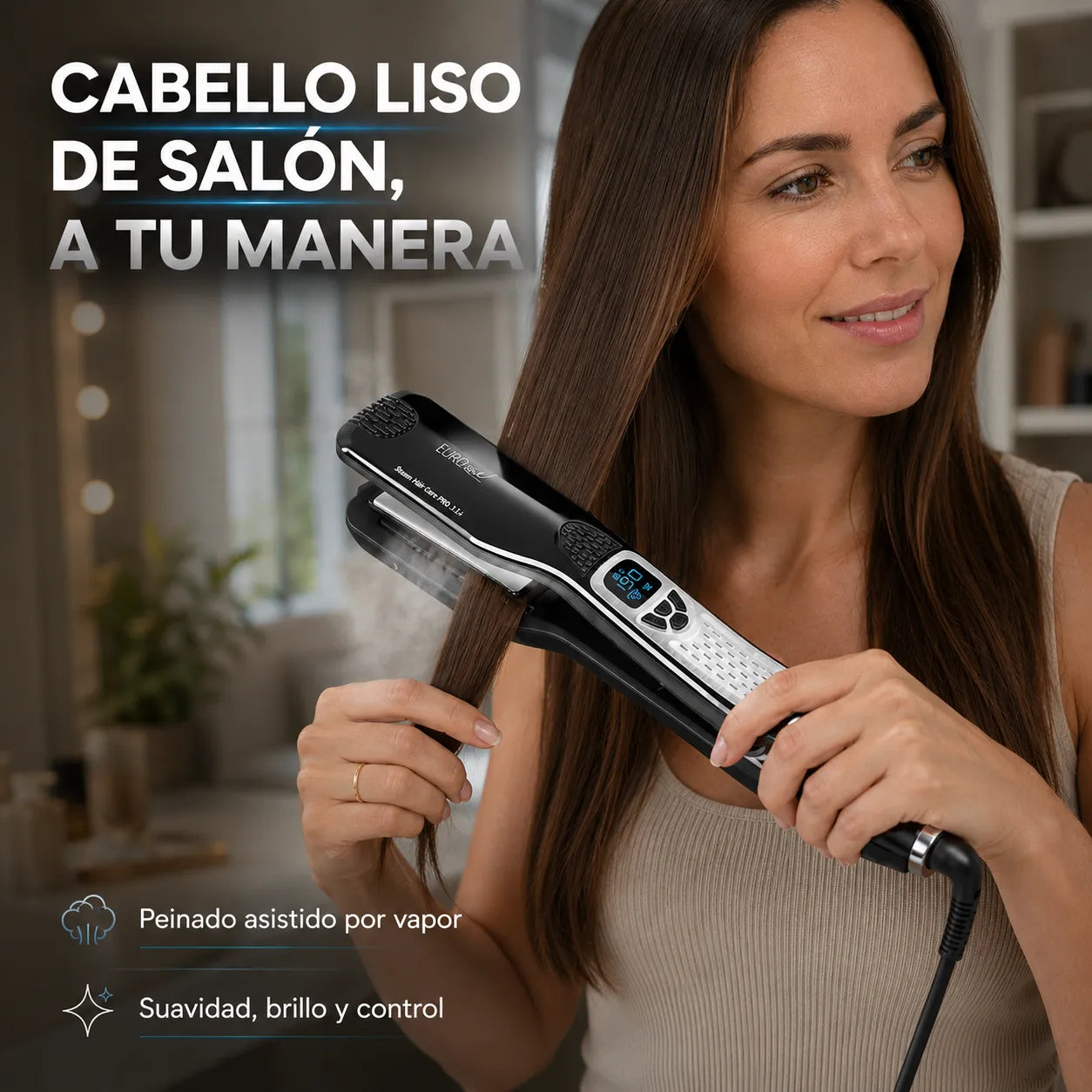 Eurostil – Plancha de Vapor para el Pelo Profesional Negra Mod. 07820
