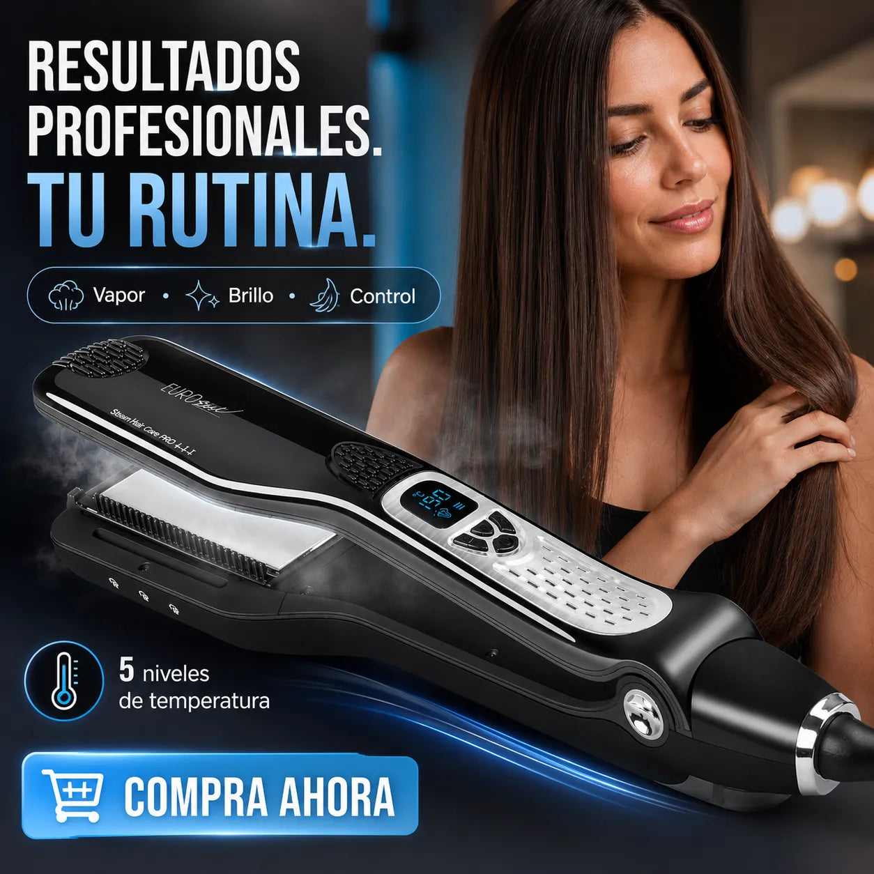 Eurostil – Plancha de Vapor para el Pelo Profesional Negra Mod. 07820
