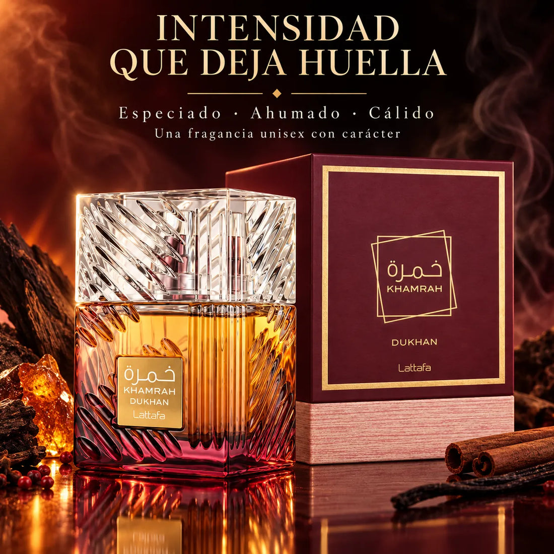 Lattafa – Perfume unisex Khamrah Dukhan EDP especiado y ahumado 100 ml