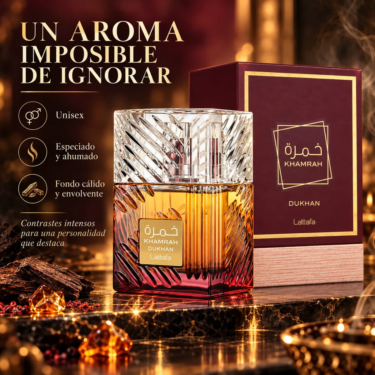 Lattafa – Perfume unisex Khamrah Dukhan EDP especiado y ahumado 100 ml