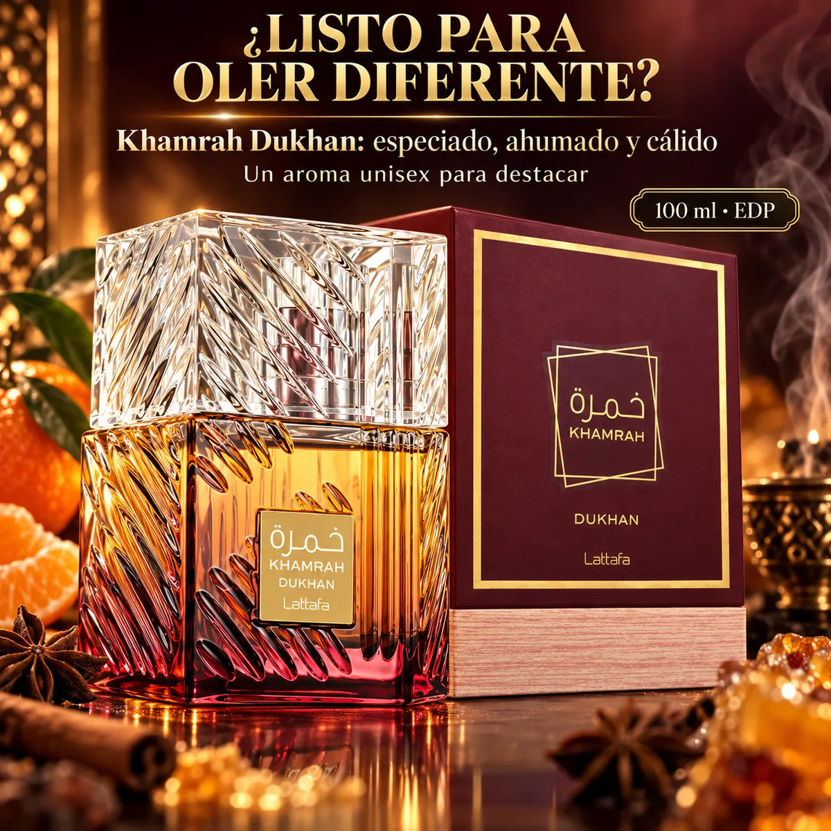 Lattafa – Perfume unisex Khamrah Dukhan EDP especiado y ahumado 100 ml