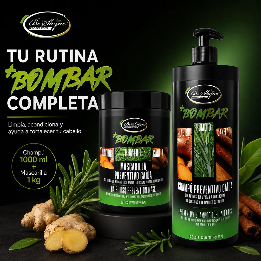 Be'Shyne – Combo Bombar para Cabello con Tendencia a la Caída: Champú 1000 ml + Mascarilla 1 kg