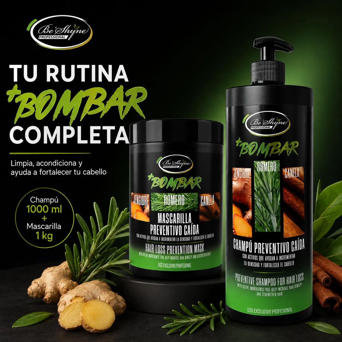 Be'Shyne – Combo Bombar para Cabello con Tendencia a la Caída: Champú 1000 ml + Mascarilla 1 kg