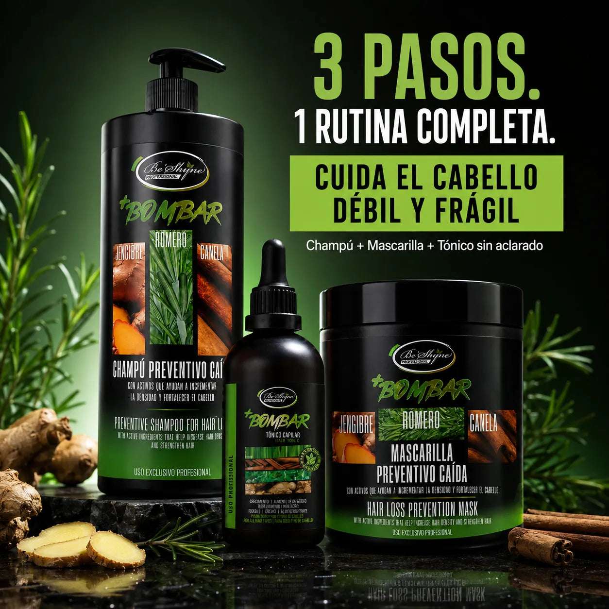 KIT BOMBAR - CHAMPÚ 1L, MASCARILLA 1Kg Y GOTERO, Tratamiento crecimiento del cabello, Kit capilar fuerza y brillo,   Cuidado del cabello,  Pack anticaída y crecimiento