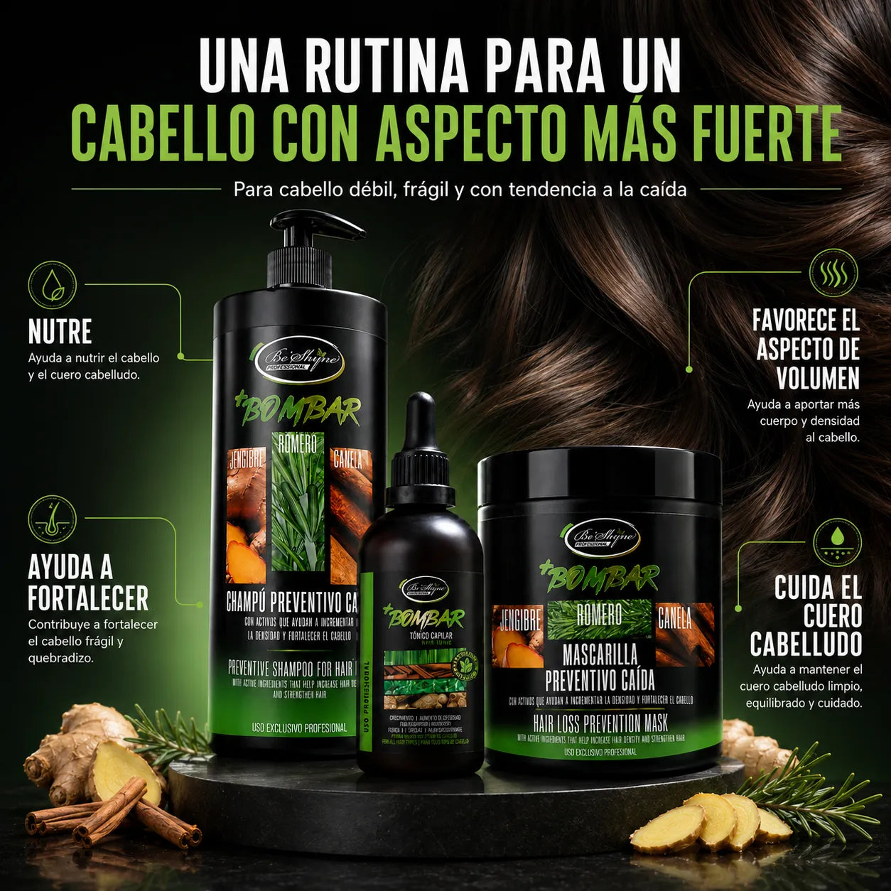 KIT BOMBAR - CHAMPÚ 1L, MASCARILLA 1Kg Y GOTERO, Tratamiento crecimiento del cabello, Kit capilar fuerza y brillo,   Cuidado del cabello,  Pack anticaída y crecimiento