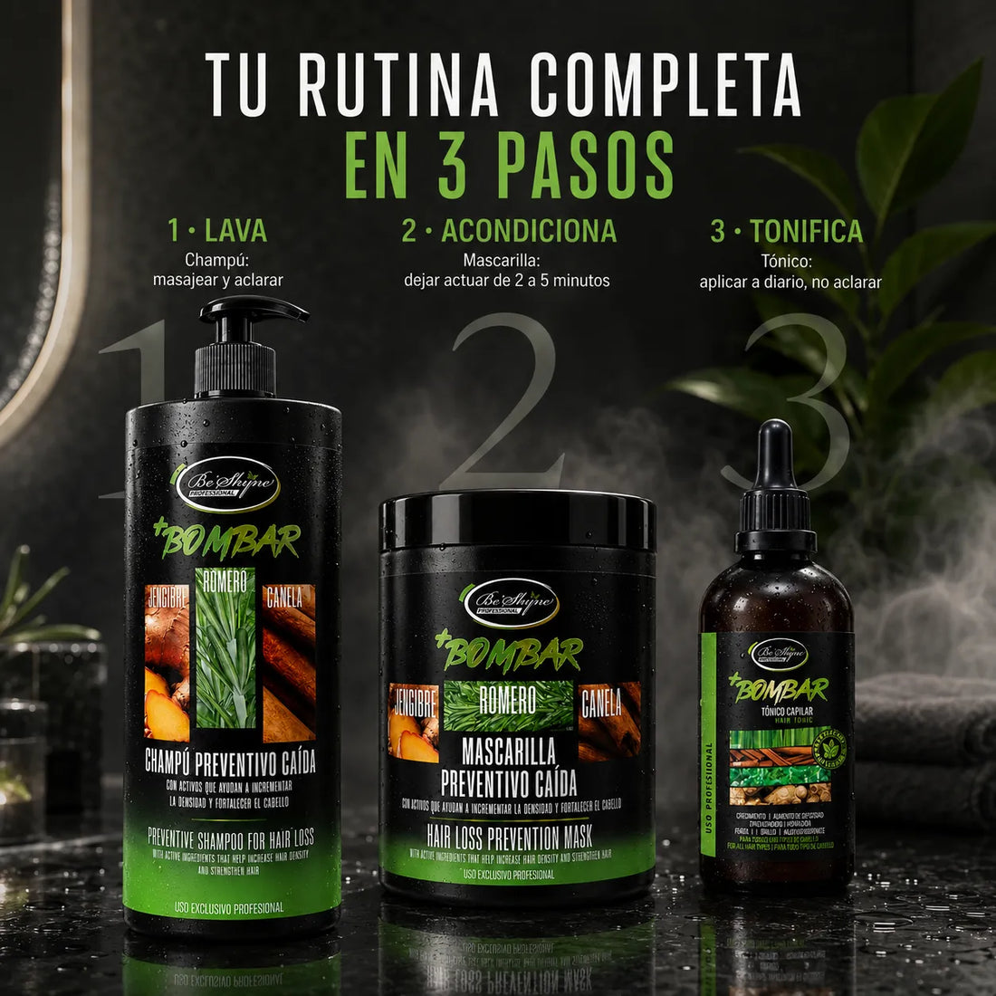 KIT BOMBAR - CHAMPÚ 1L, MASCARILLA 1Kg Y GOTERO, Tratamiento crecimiento del cabello, Kit capilar fuerza y brillo,   Cuidado del cabello,  Pack anticaída y crecimiento