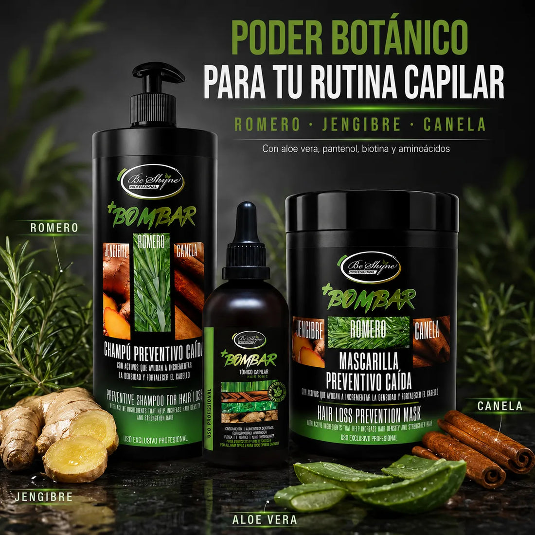 KIT BOMBAR - CHAMPÚ 1L, MASCARILLA 1Kg Y GOTERO, Tratamiento crecimiento del cabello, Kit capilar fuerza y brillo,   Cuidado del cabello,  Pack anticaída y crecimiento