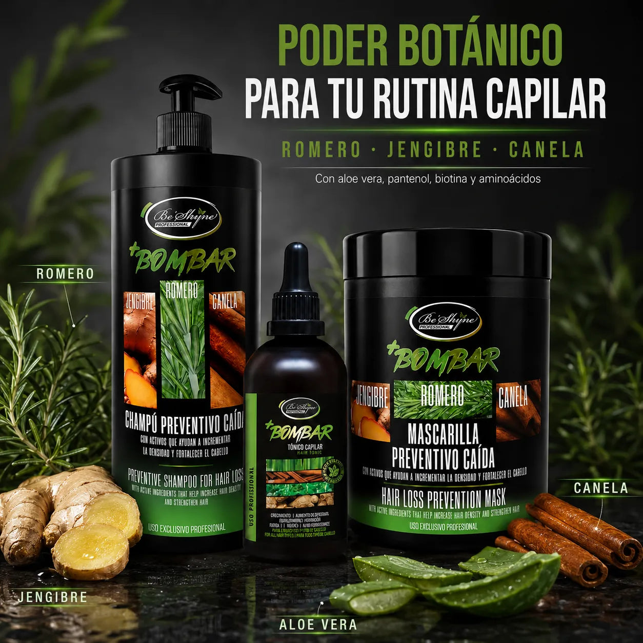 KIT BOMBAR - CHAMPÚ 1L, MASCARILLA 1Kg Y GOTERO, Tratamiento crecimiento del cabello, Kit capilar fuerza y brillo,   Cuidado del cabello,  Pack anticaída y crecimiento