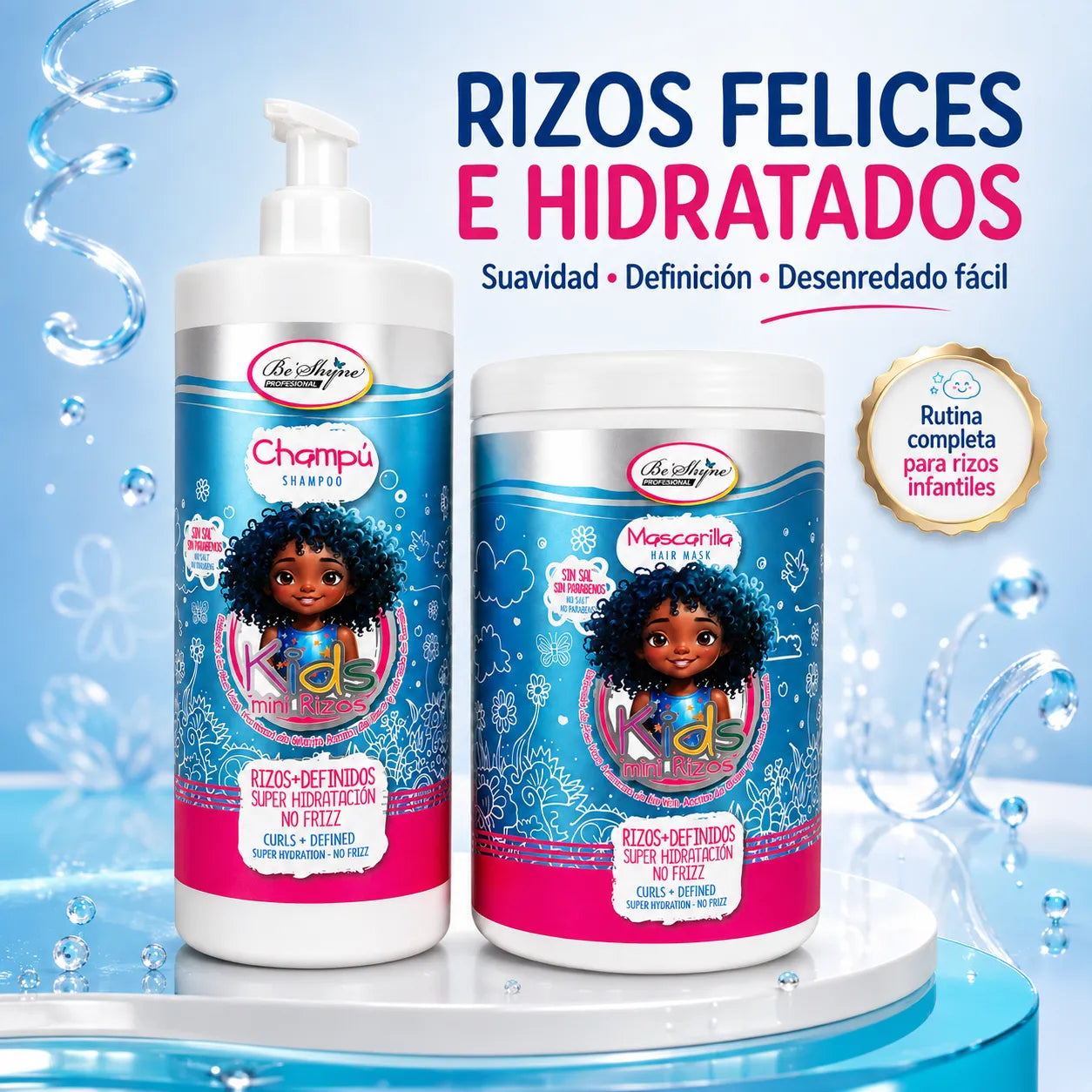 Be'Shyne Kids – Pack de Champú y Mascarilla para Rizos Infantiles Hidratante y Antiencrespamiento 500 ml + 1 kg