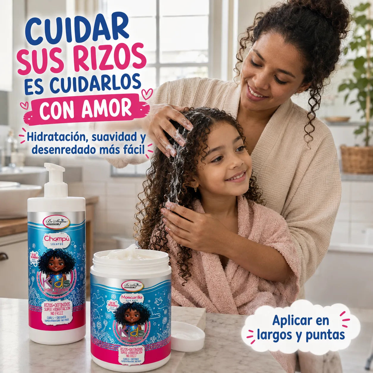 Be'Shyne Kids – Pack de Champú y Mascarilla para Rizos Infantiles Hidratante y Antiencrespamiento 500 ml + 1 kg