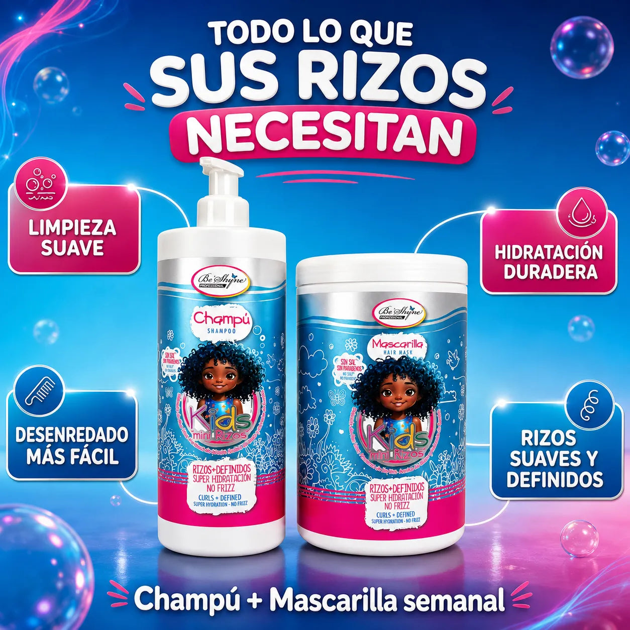 Be'Shyne Kids – Pack de Champú y Mascarilla para Rizos Infantiles Hidratante y Antiencrespamiento 500 ml + 1 kg