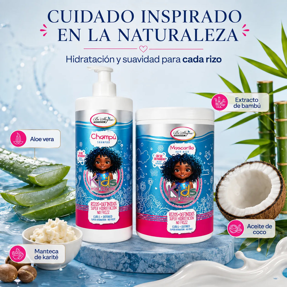 Be'Shyne Kids – Pack de Champú y Mascarilla para Rizos Infantiles Hidratante y Antiencrespamiento 500 ml + 1 kg