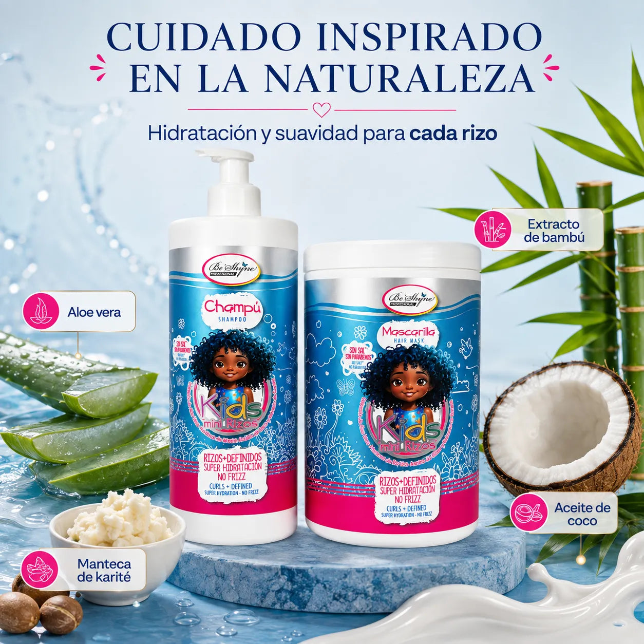 Be'Shyne Kids – Pack de Champú y Mascarilla para Rizos Infantiles Hidratante y Antiencrespamiento 500 ml + 1 kg