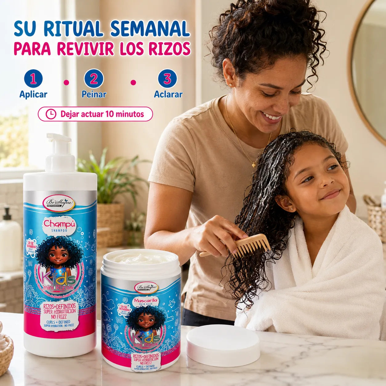 Be'Shyne Kids – Pack de Champú y Mascarilla para Rizos Infantiles Hidratante y Antiencrespamiento 500 ml + 1 kg