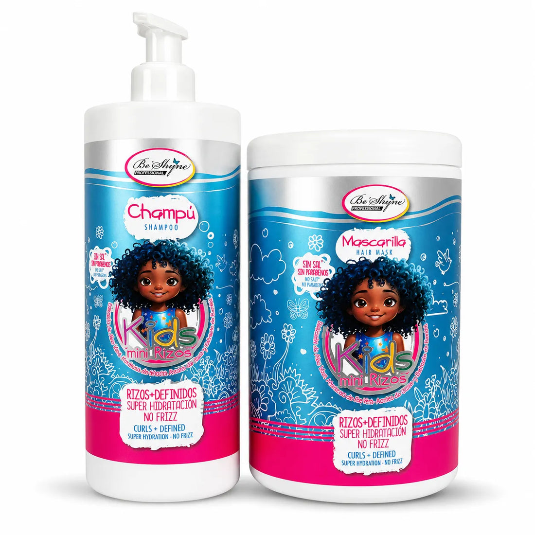 Be'Shyne Kids – Pack de Champú y Mascarilla para Rizos Infantiles Hidratante y Antiencrespamiento 500 ml + 1 kg
