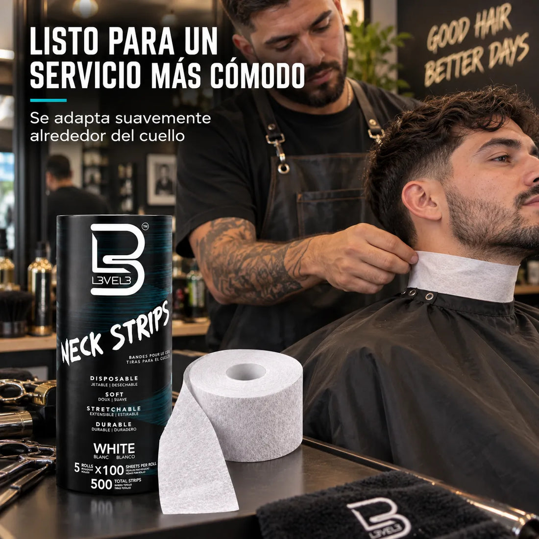 L3VEL3 – Papel de pescoço autoadesivo para barbearia – Pacote 5 rolos de 100 unidades