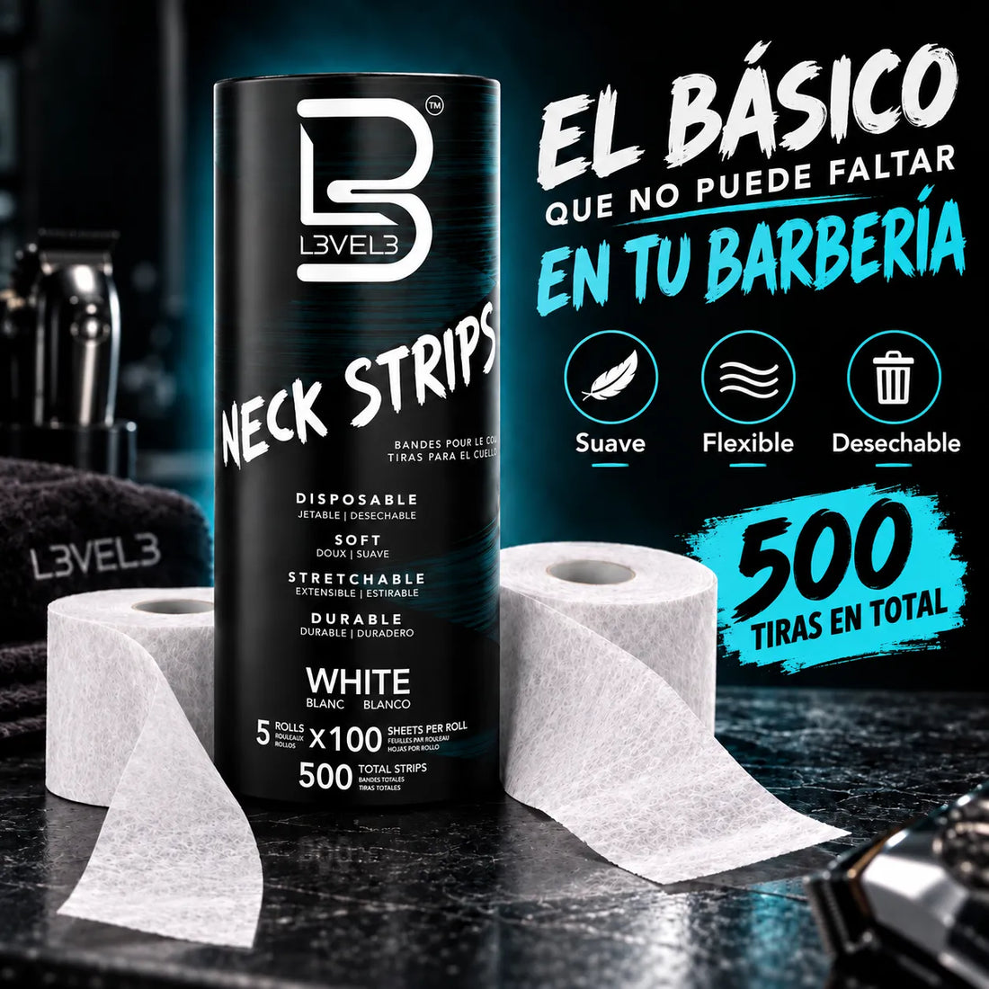 L3VEL3 – Papel de pescoço autoadesivo para barbearia – Pacote 5 rolos de 100 unidades