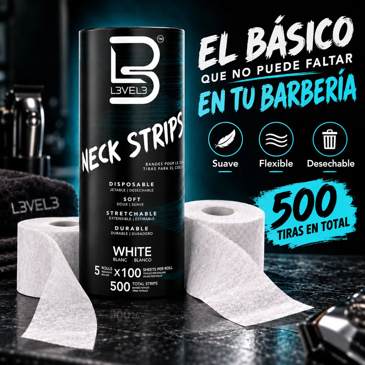 L3VEL3 – Papel de pescoço autoadesivo para barbearia – Pacote 5 rolos de 100 unidades