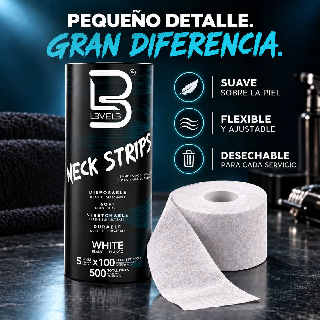 L3VEL3 – Papel de pescoço autoadesivo para barbearia – Pacote 5 rolos de 100 unidades