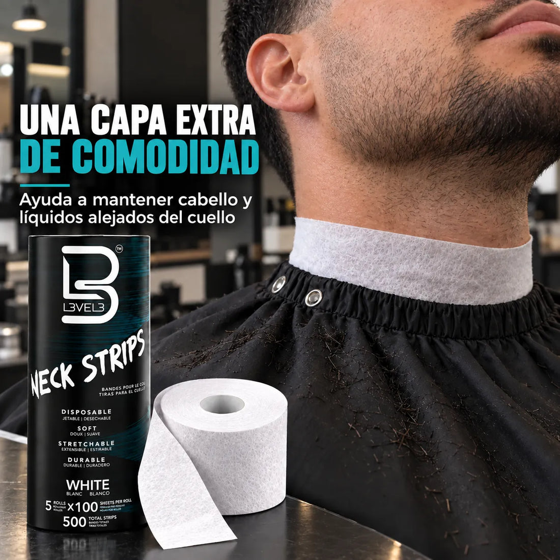 L3VEL3 – Papel de pescoço autoadesivo para barbearia – Pacote 5 rolos de 100 unidades