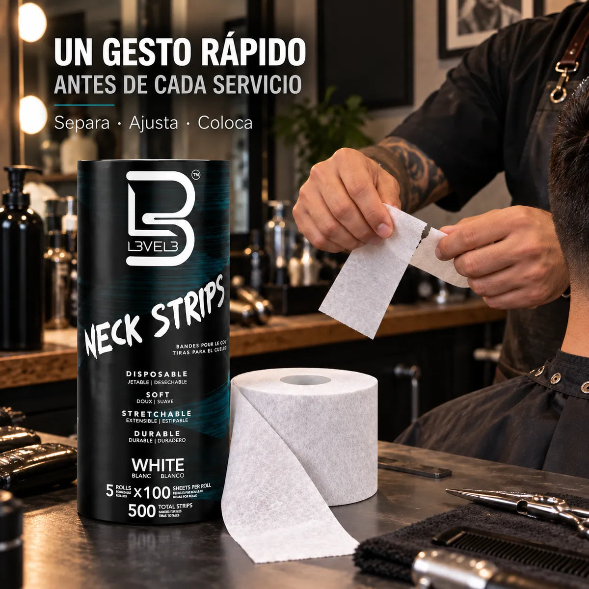 L3VEL3 – Papel de pescoço autoadesivo para barbearia – Pacote 5 rolos de 100 unidades