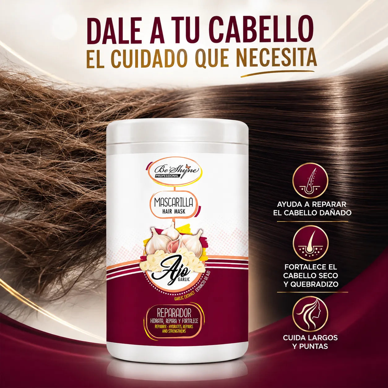 Be´Shyne® – Mascarilla para Cabello Dañado con Ajo y Queratina 1000 ml