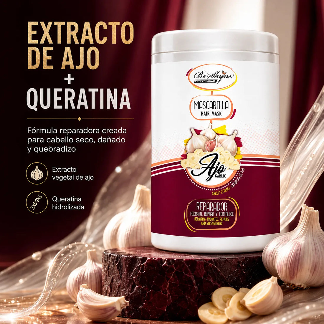 Be´Shyne® – Mascarilla para Cabello Dañado con Ajo y Queratina 1000 ml